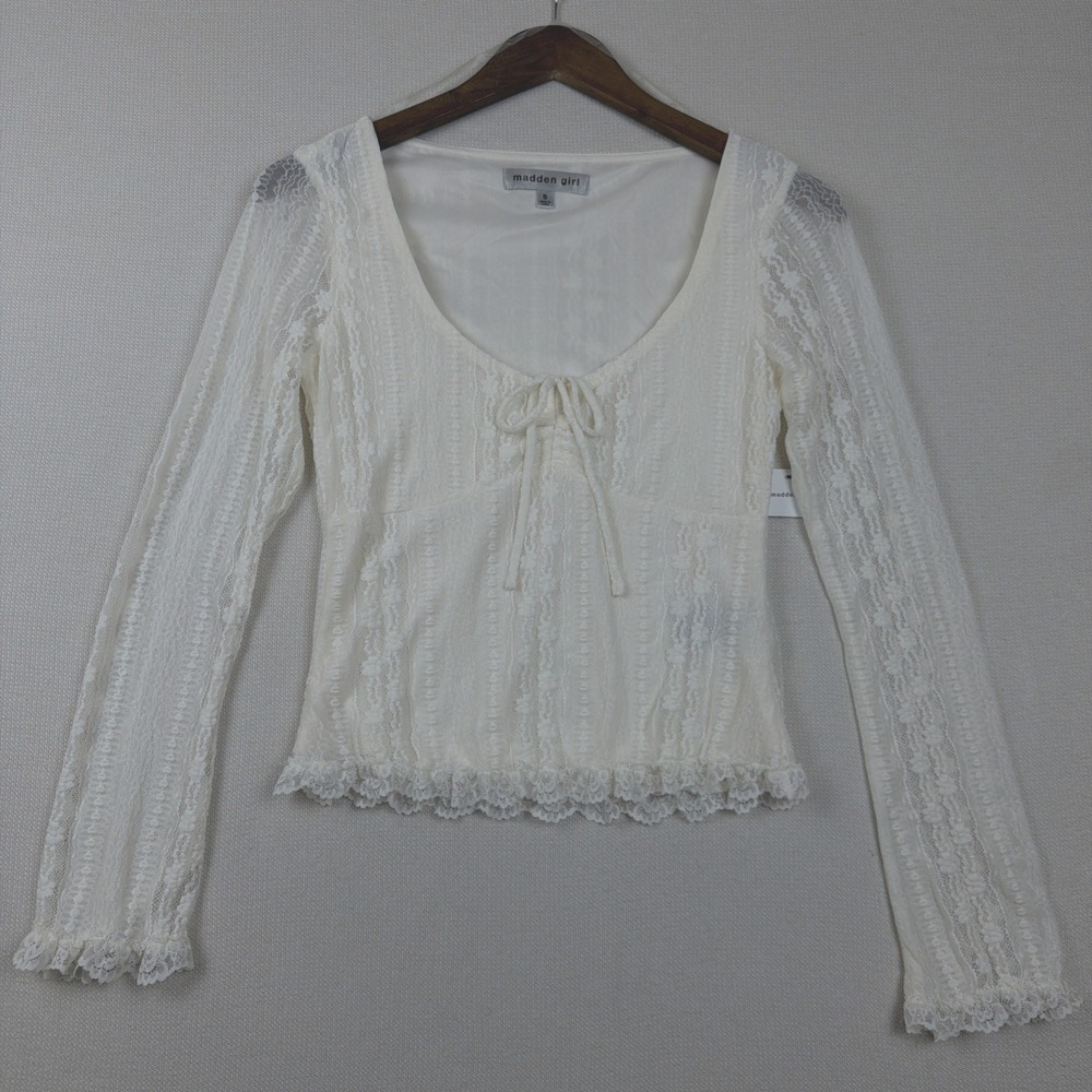 NWT Madden Girl Cinch Tie Cropped Lace Top Womens Size S Cream Y2K Romantic Chic